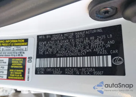 2022 Lexus Es 250 из США, поврежденный, VIN 58AD11D10NU010247